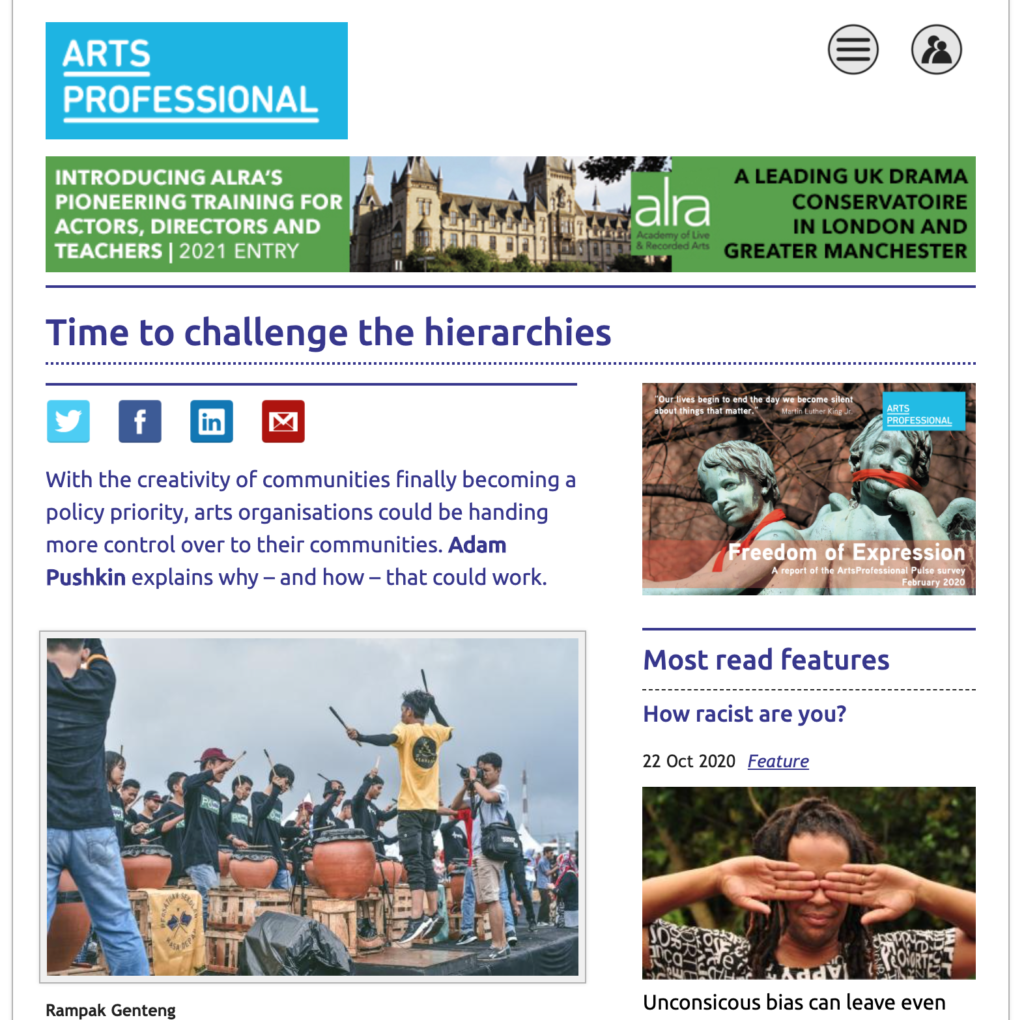 Time to change the hierarchies, Arts Professional article, Sept 2020